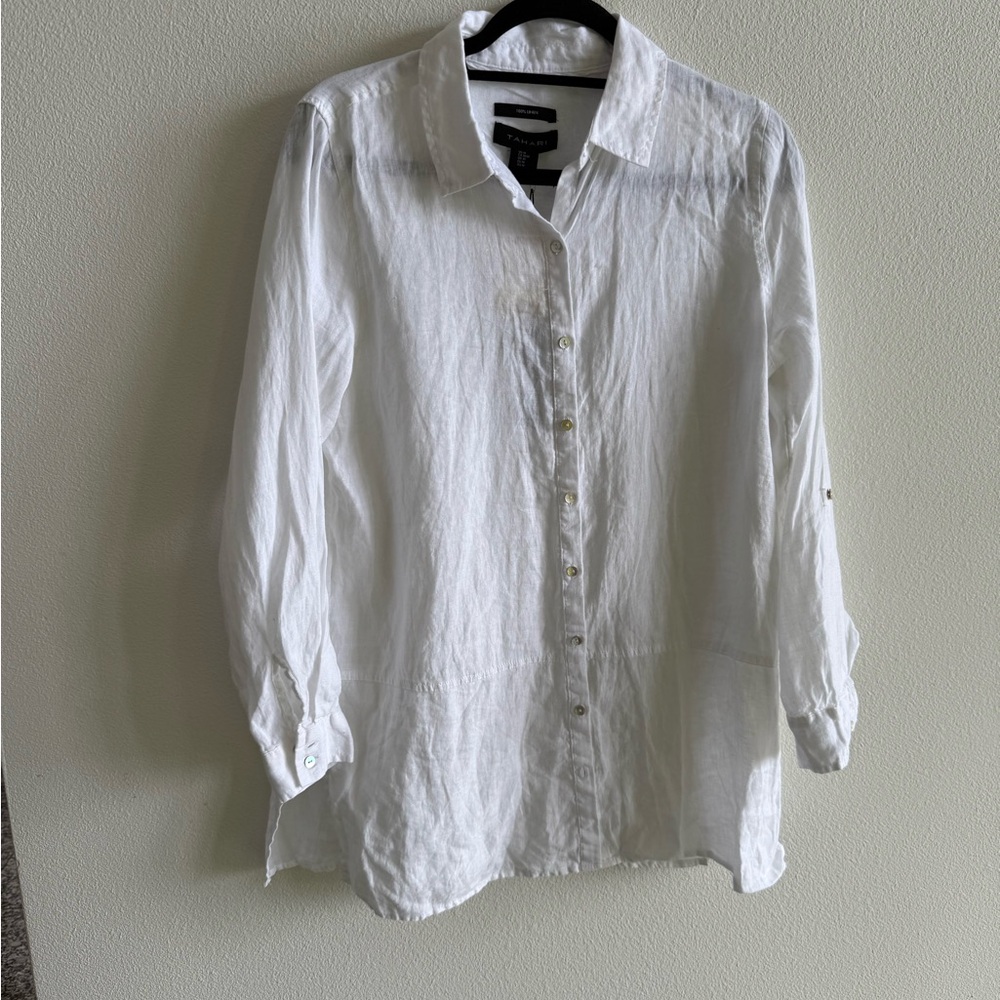 NEW WITH TAGS!! Tahari White 100% Linen Women’s Tunic Blouse, Size M
